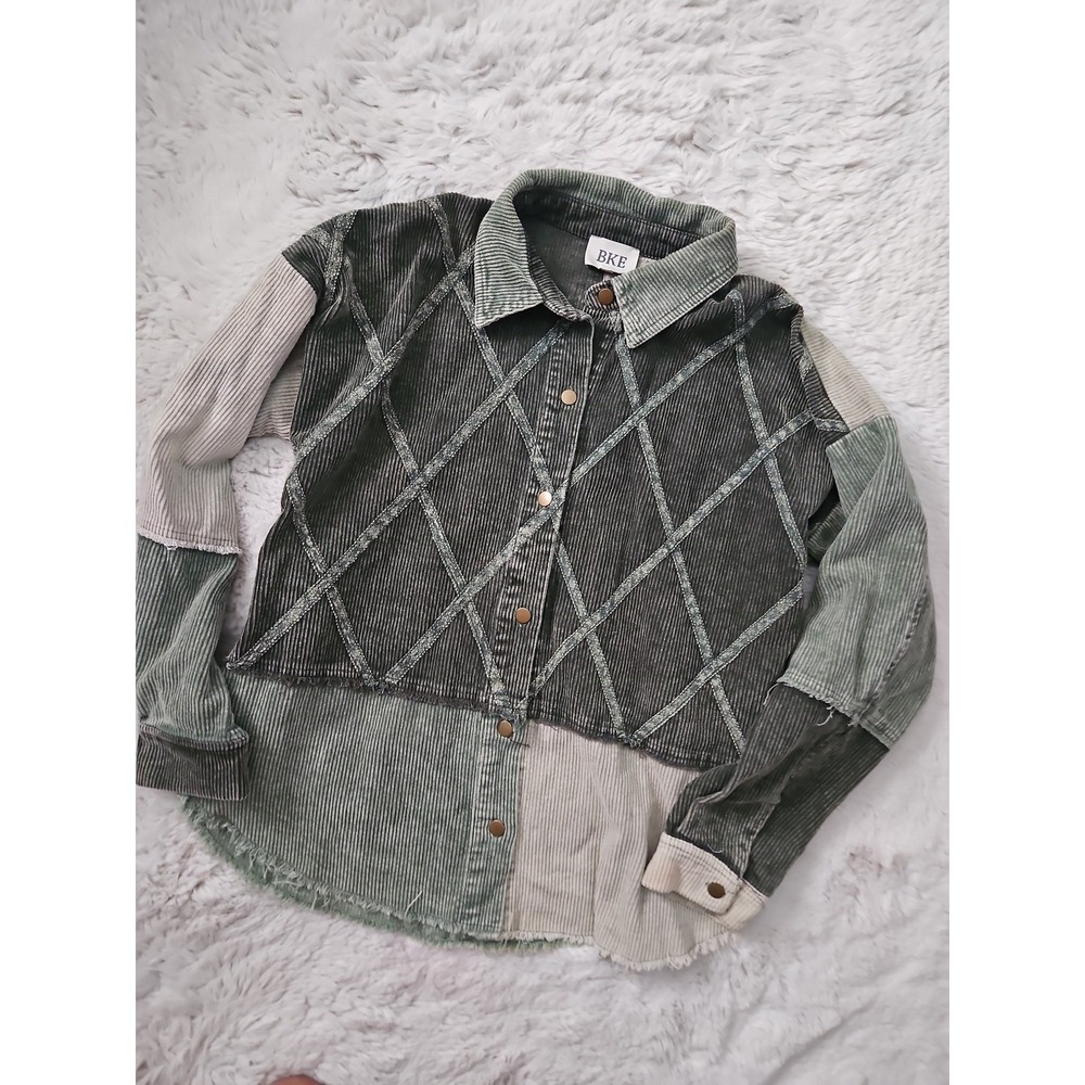 BKE Corduroy Patchwork Jacket Green Cotton Button Up‎ Size M